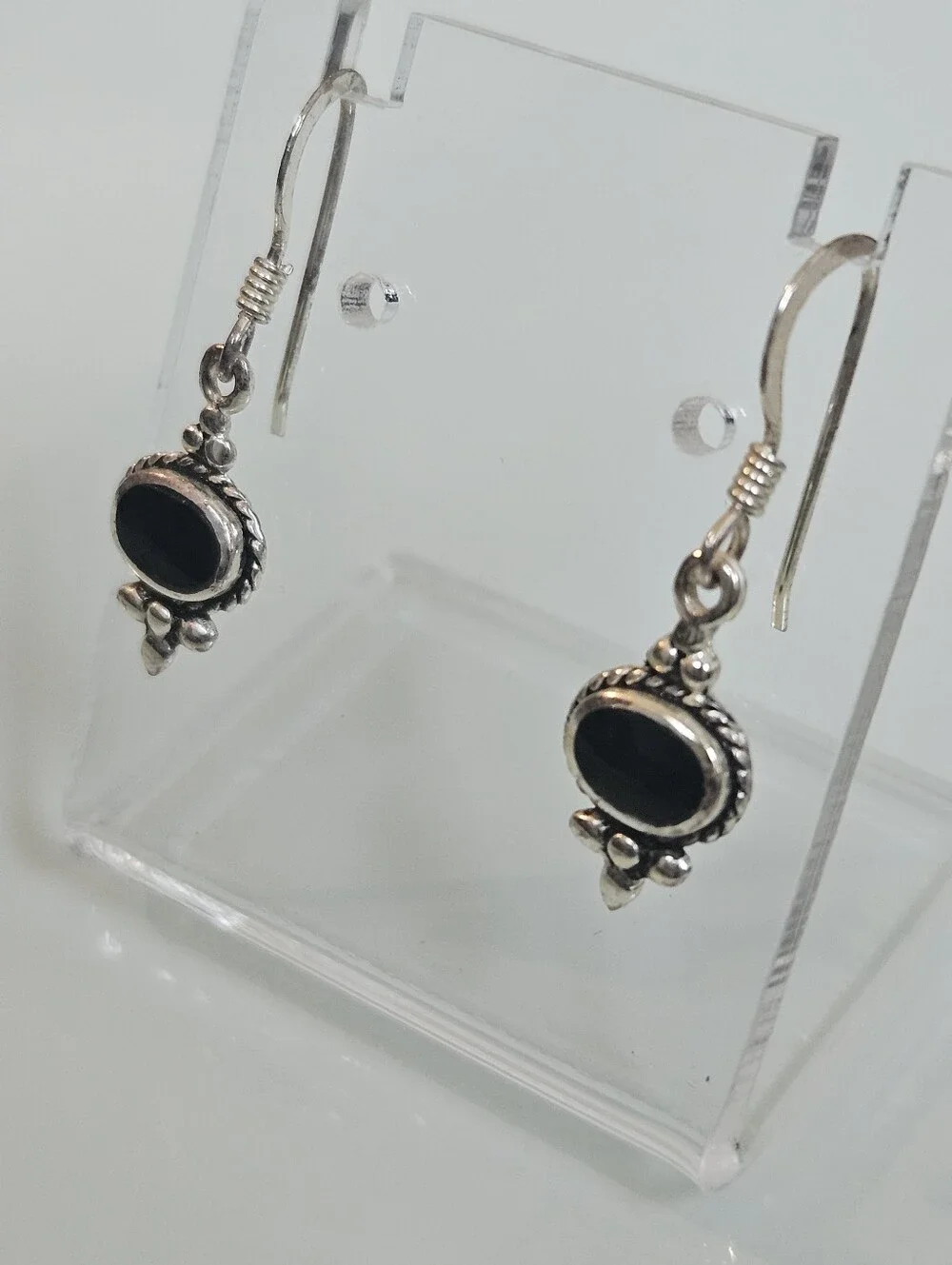 Black Onyx 925 Rope Detail Sterling Silver Small Dainty Dangle Earrings